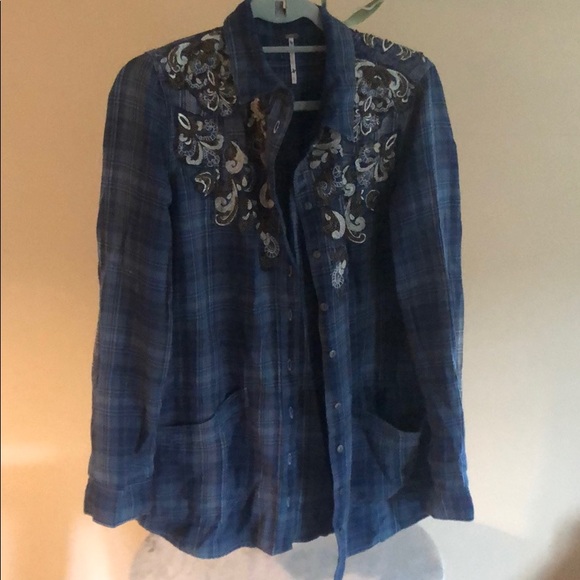 NWOT Free People embellished blue flannel top - Picture 4 of 8